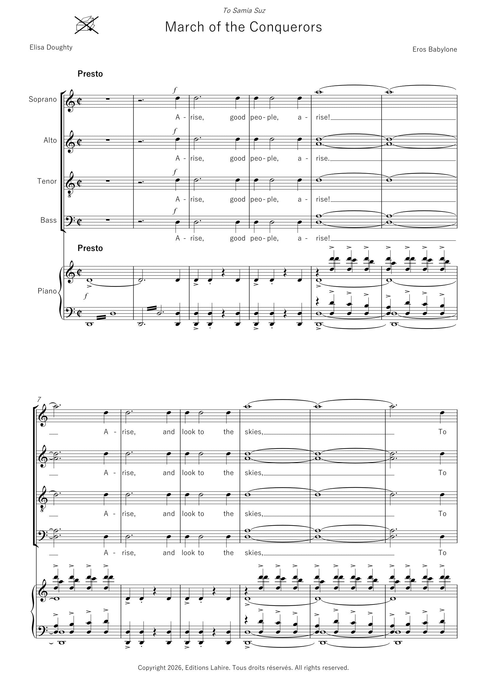 MARCHE DES CONQUERANTS - For choir (SATB), vocal score, 16 pages, (IV+12) (v.e)