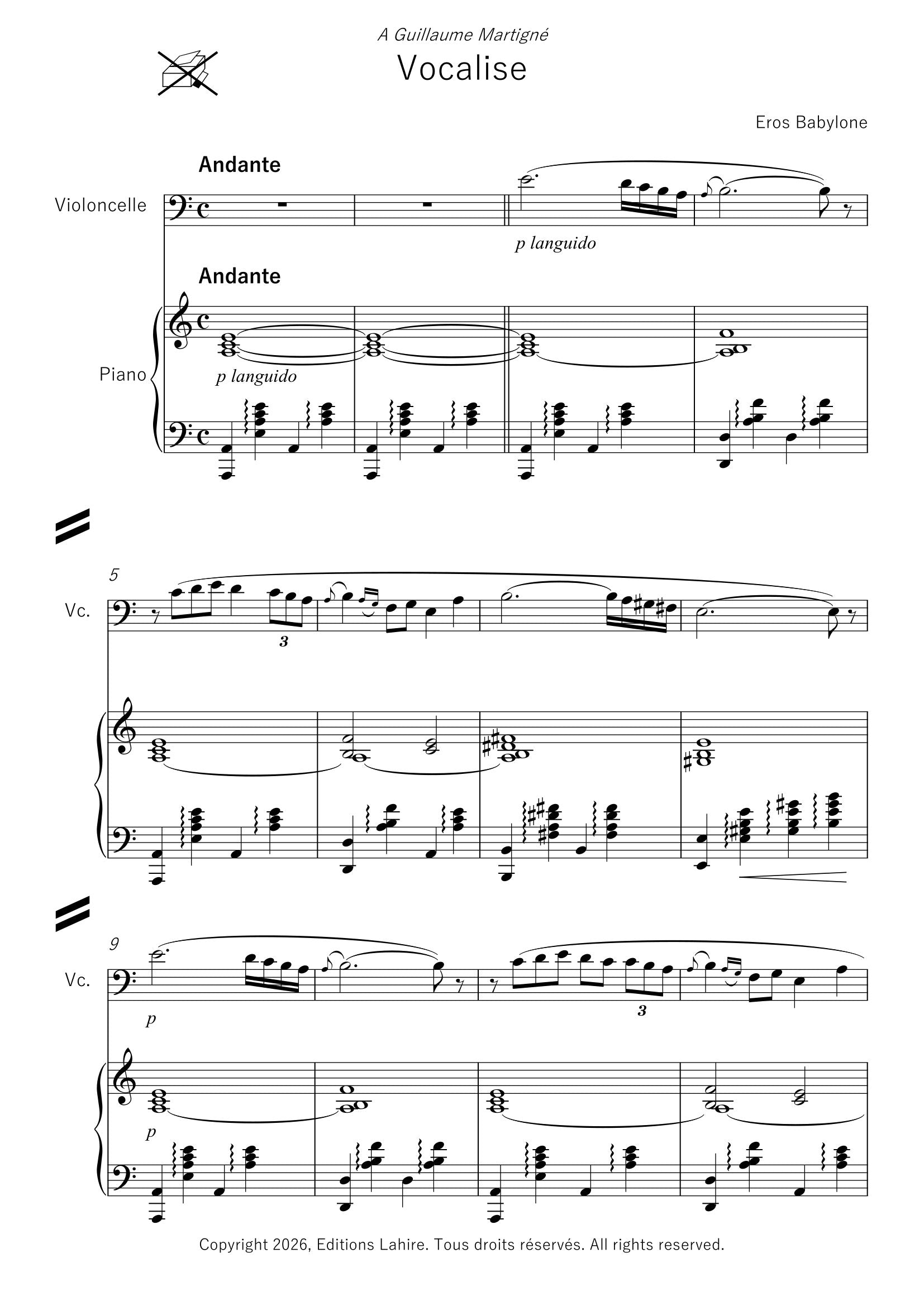 VOCALISE - Pour violoncelle et piano, 7 pages (II+4+1)