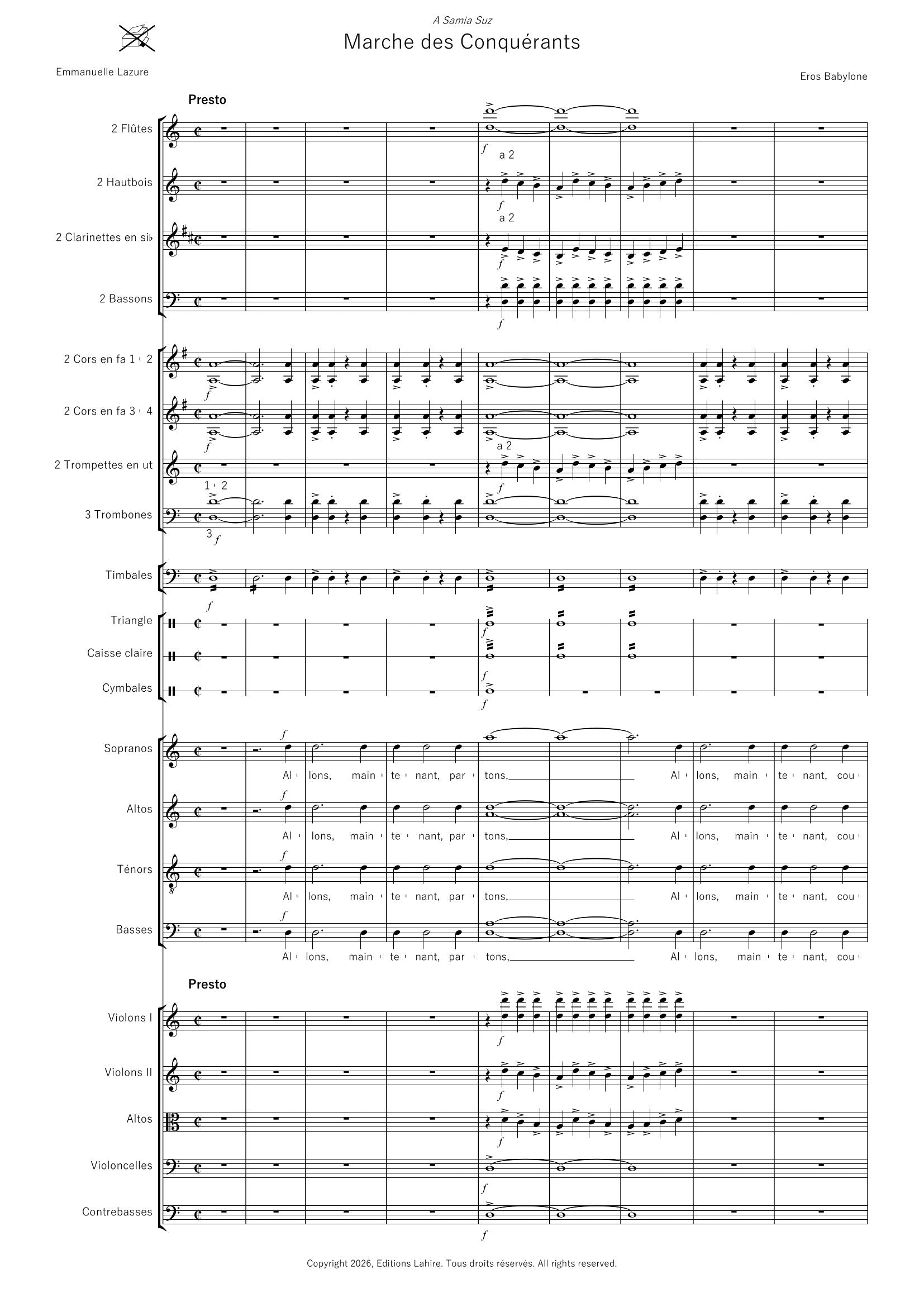 MARCHE DES CONQUERANTS - Pour Chœur mixte et orchestre, 24 pages (IV+20) (v.f)