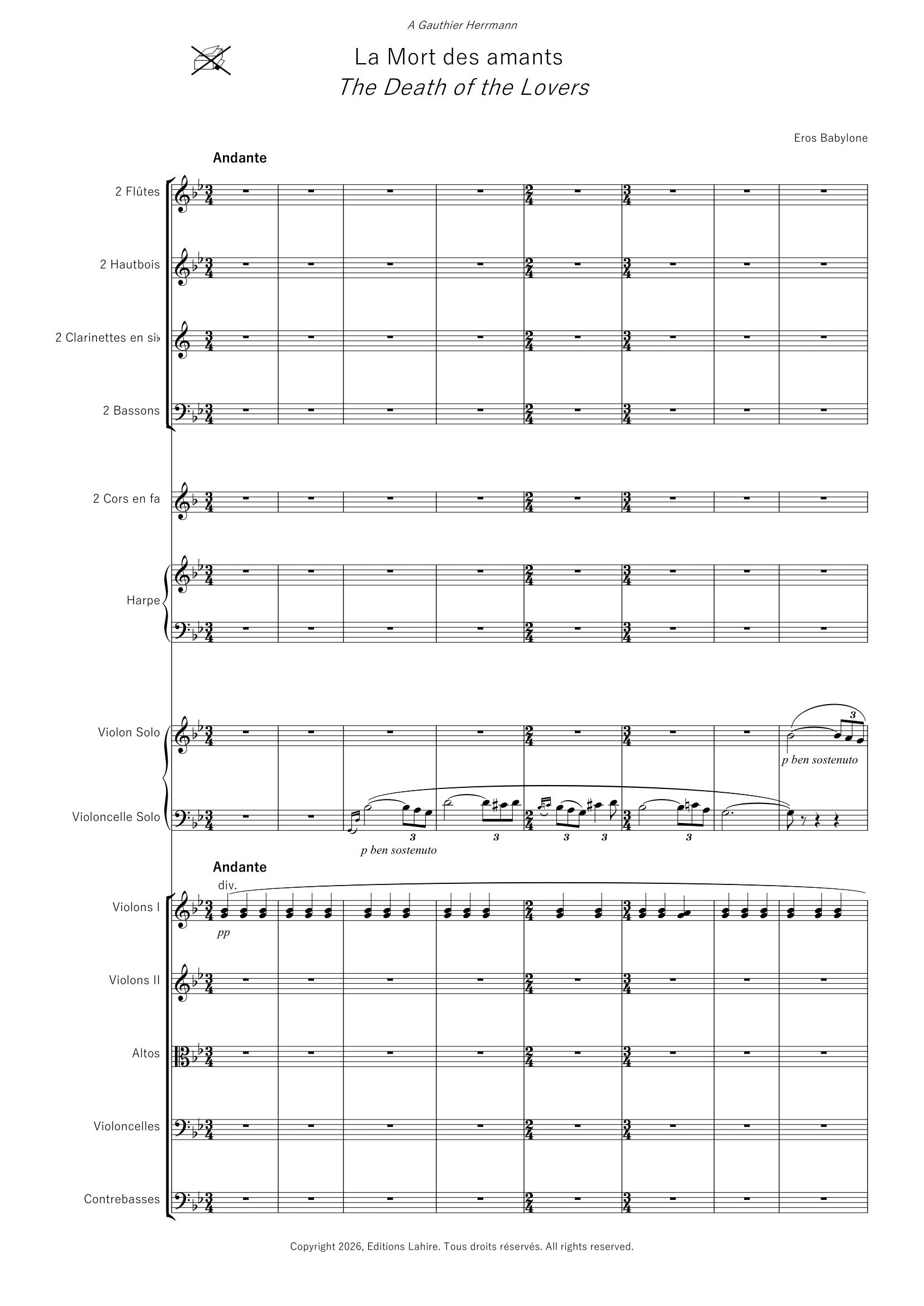 LA MORT DES AMANTS - Duo pour violon, violoncelle et orchestre, 19 pages, (VI+13)