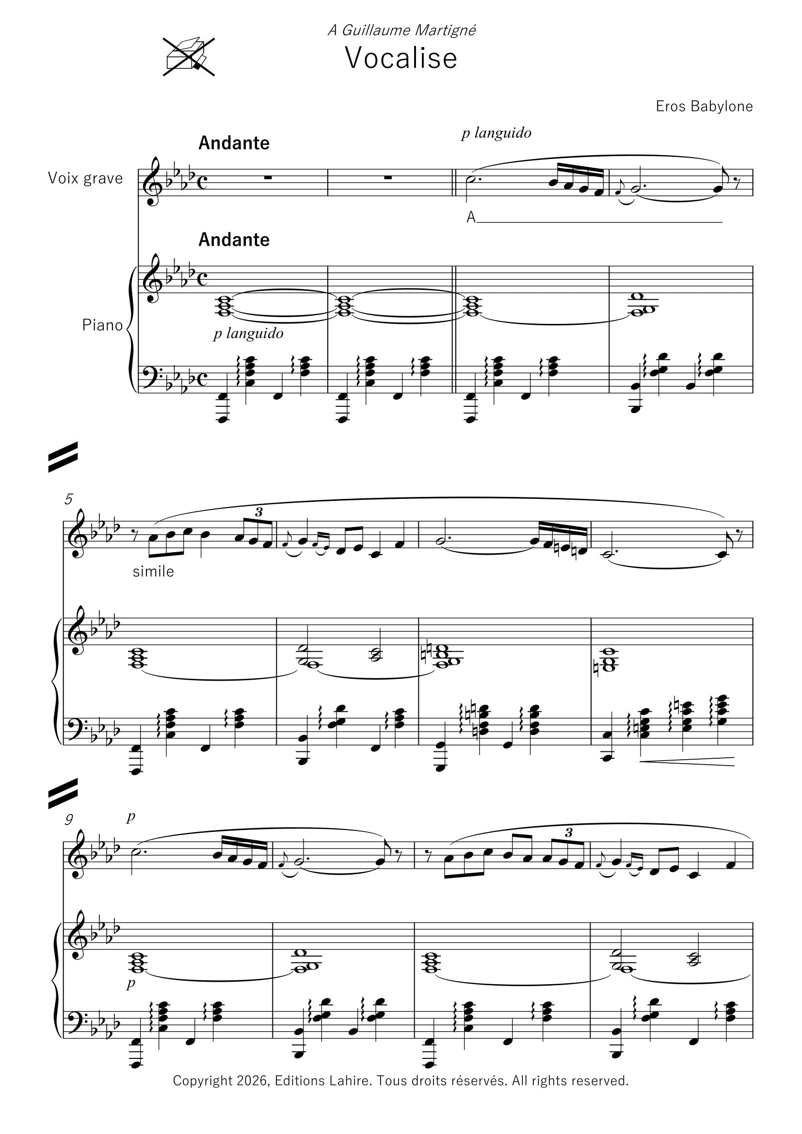 VOCALISE - Pour voix grave et piano, 6 pages (II+4)