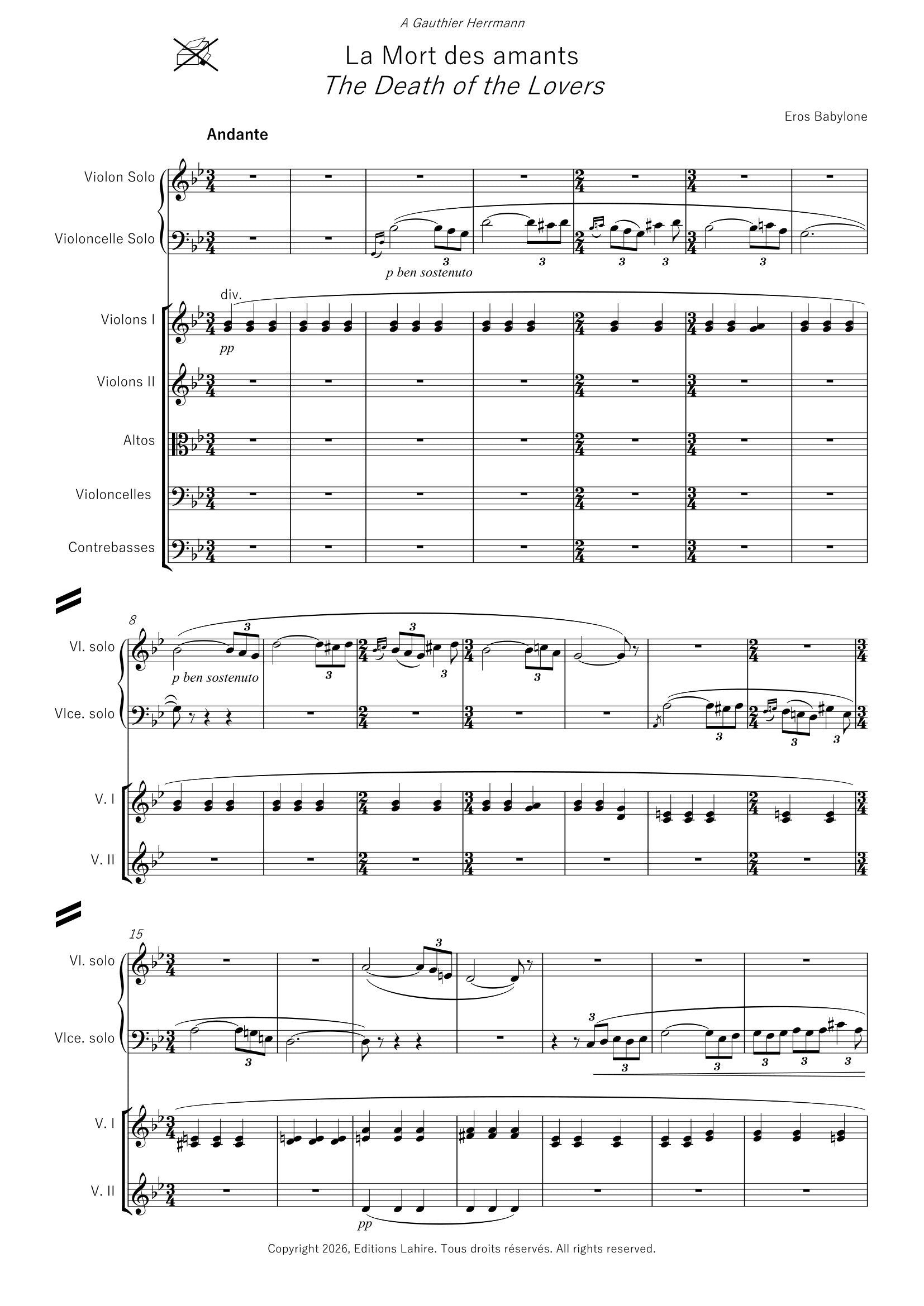 LA MORT DES AMANTS - Duo pour violon, violoncelle et orchestre à cordes, 27 pages, (IV+8+2+2+3+2+2+2+2)