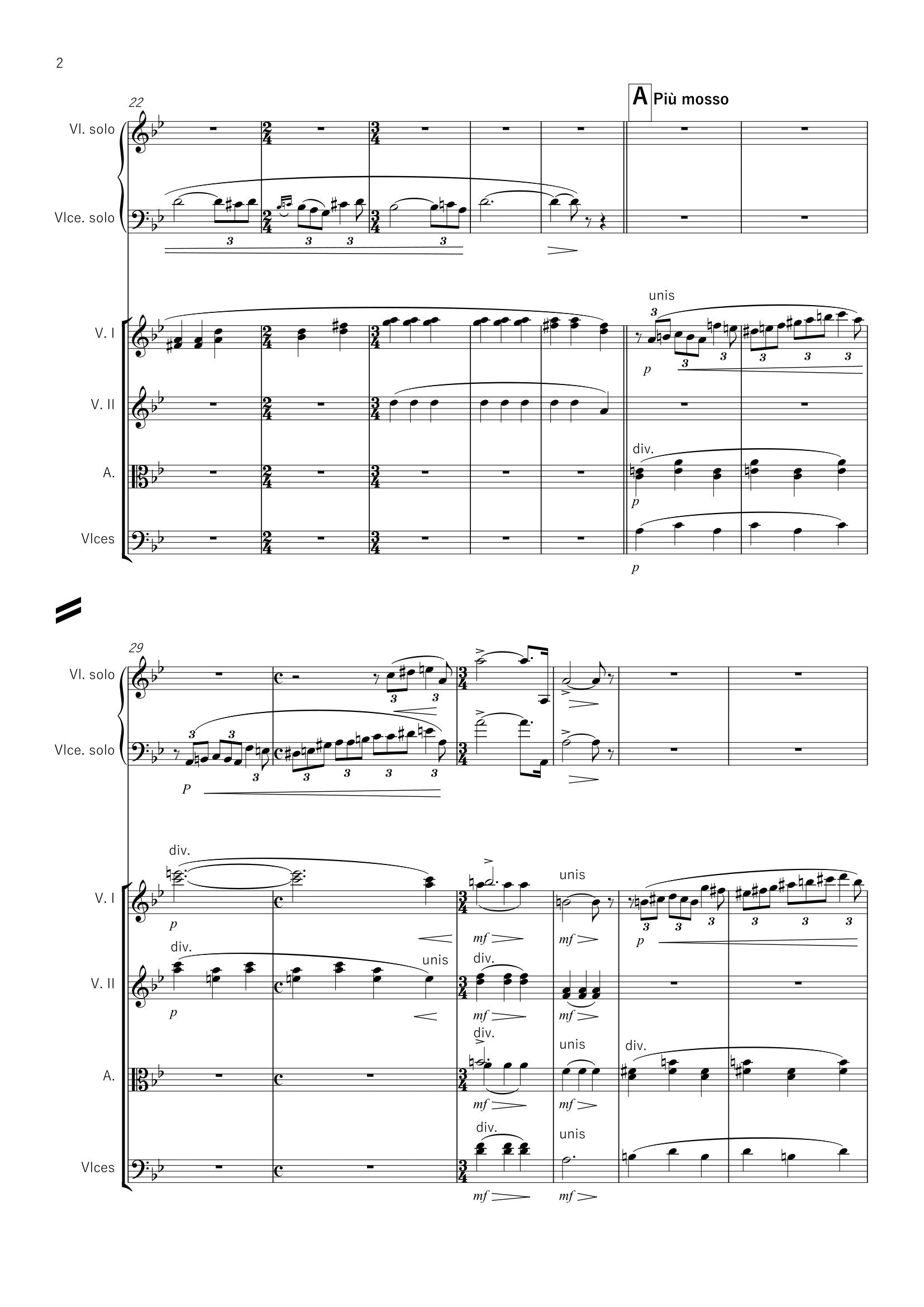 LA MORT DES AMANTS - Duo pour violon, violoncelle et orchestre à cordes, 27 pages, (IV+8+2+2+3+2+2+2+2)