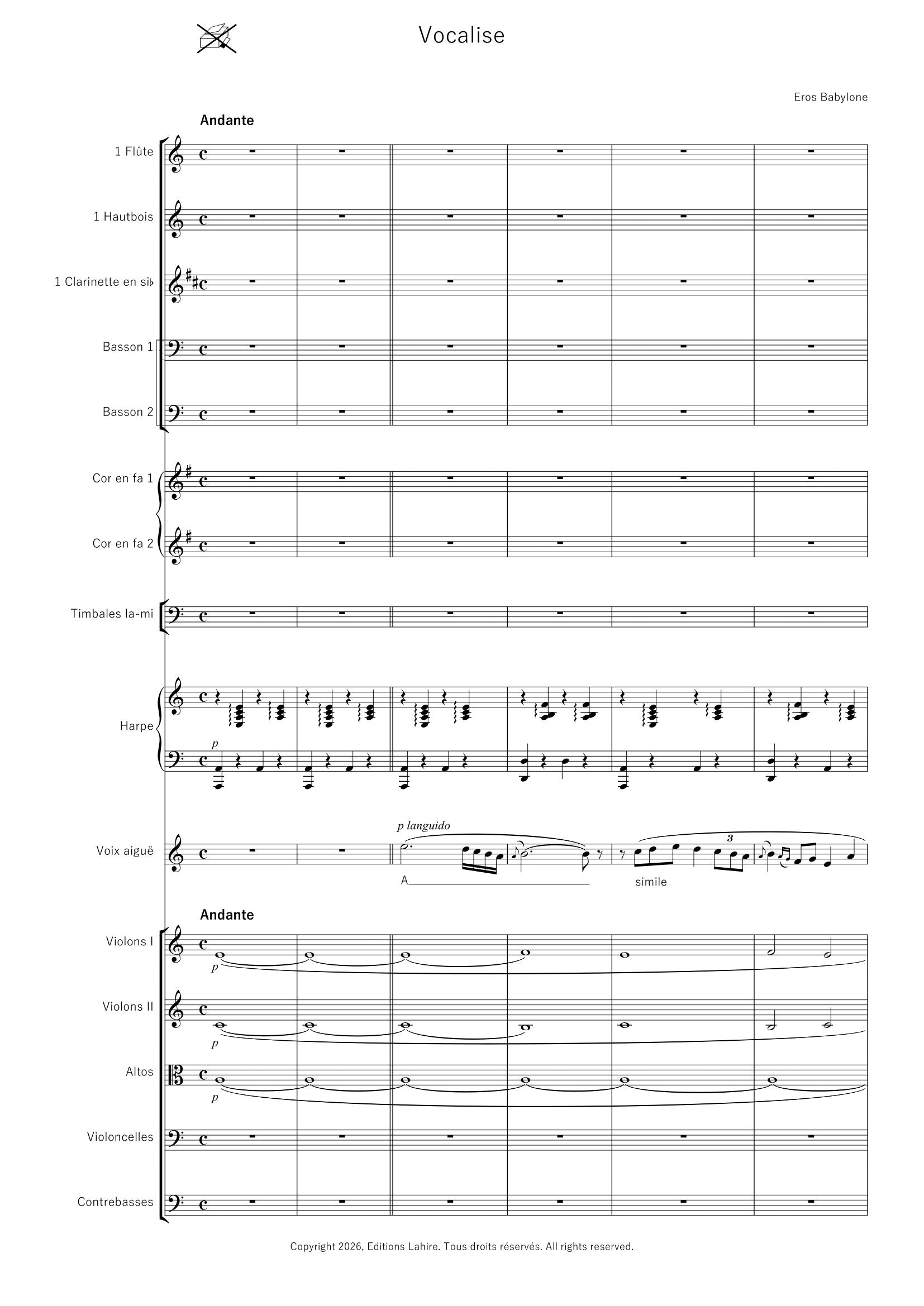 VOCALISE - Pour voix aiguë et orchestre, 12 pages (IV+8)