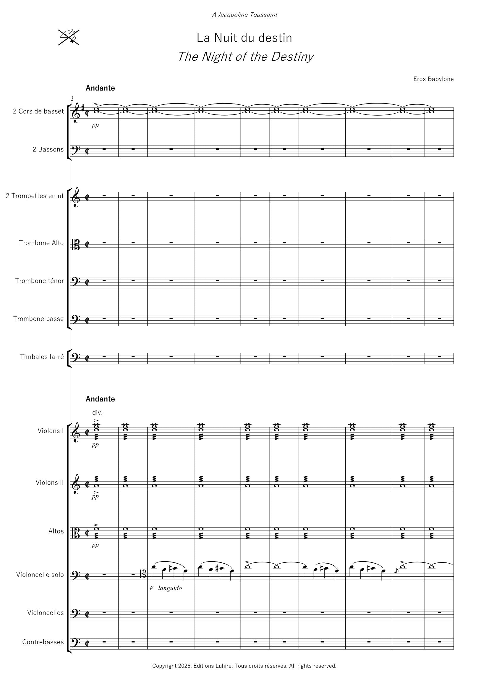 LA NUIT DU DESTIN - Pour orchestre avec 3 trombones et 2 cors de basset, 41 pages, (IV+37)