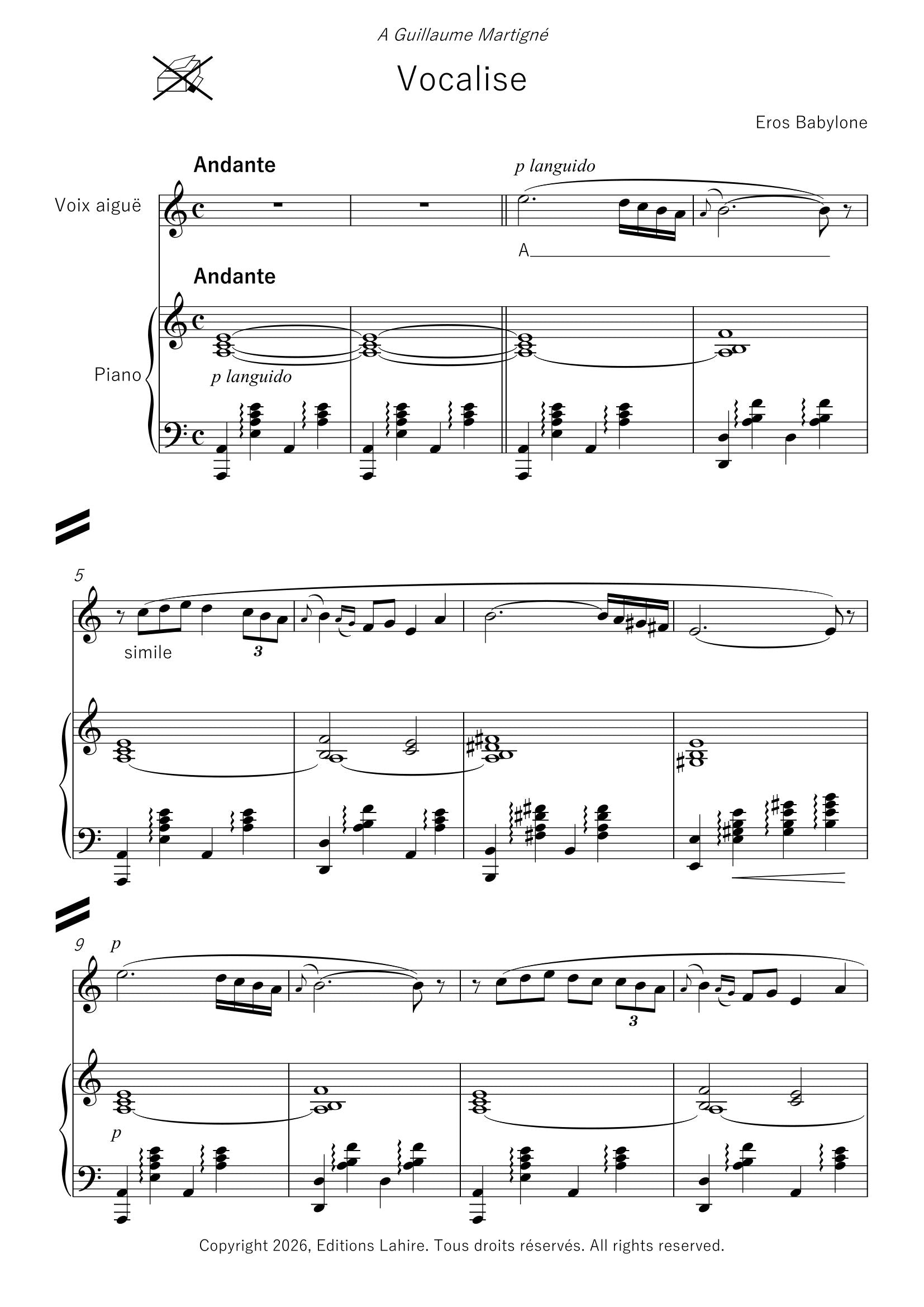 VOCALISE - Pour voix aiguë et piano, 6 pages (II+4)