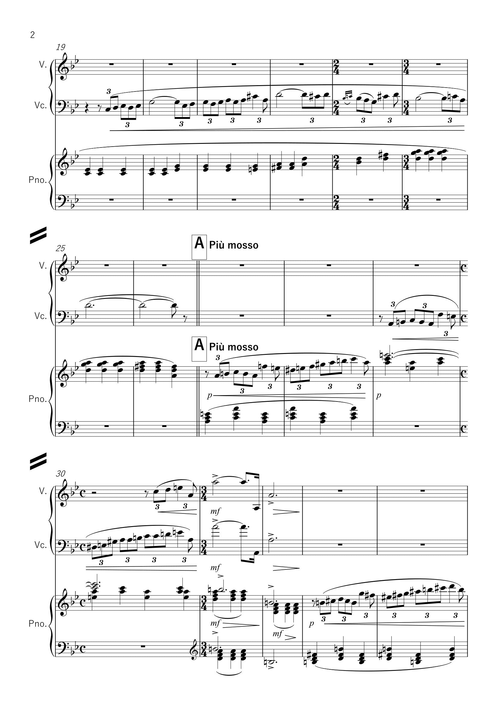 LA MORT DES AMANTS - Duo pour violon, violoncelle et accompagnement de piano, 15 pages, (IV+7+2+2)