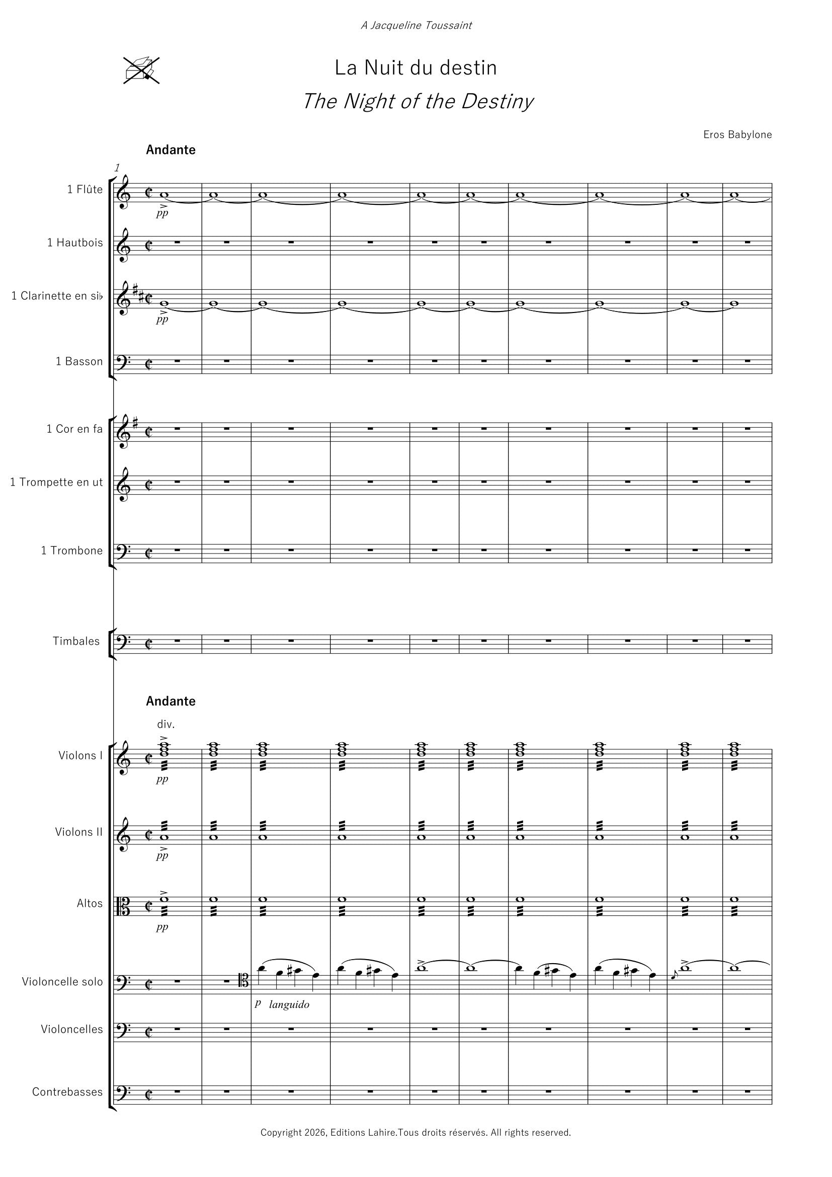 LA NUIT DU DESTIN - Pour orchestre de chambre, 41 pages, (IV+37)