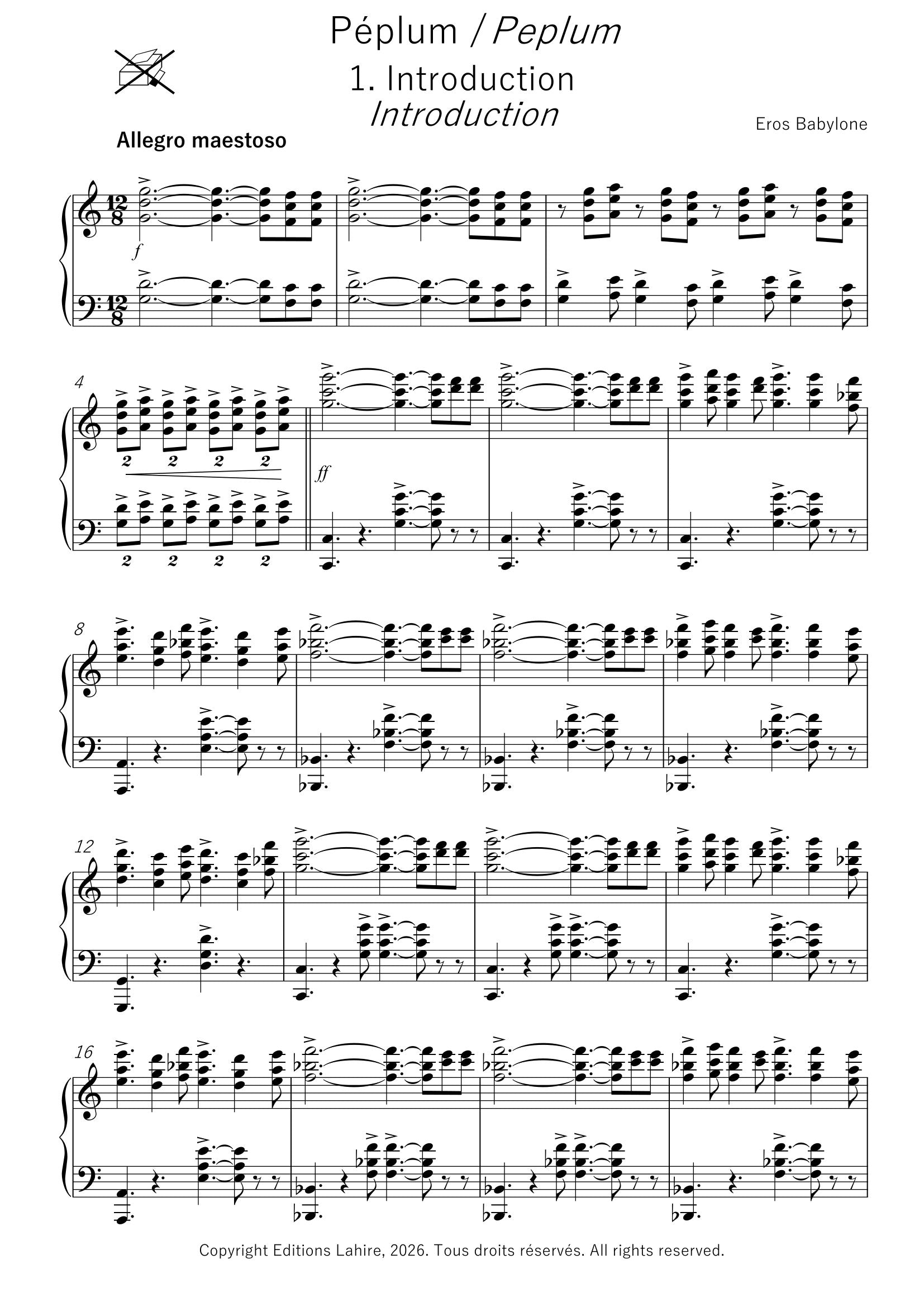 PEPLUM - Suite pour piano, partition intégrale, 33 pages, (IV+29)