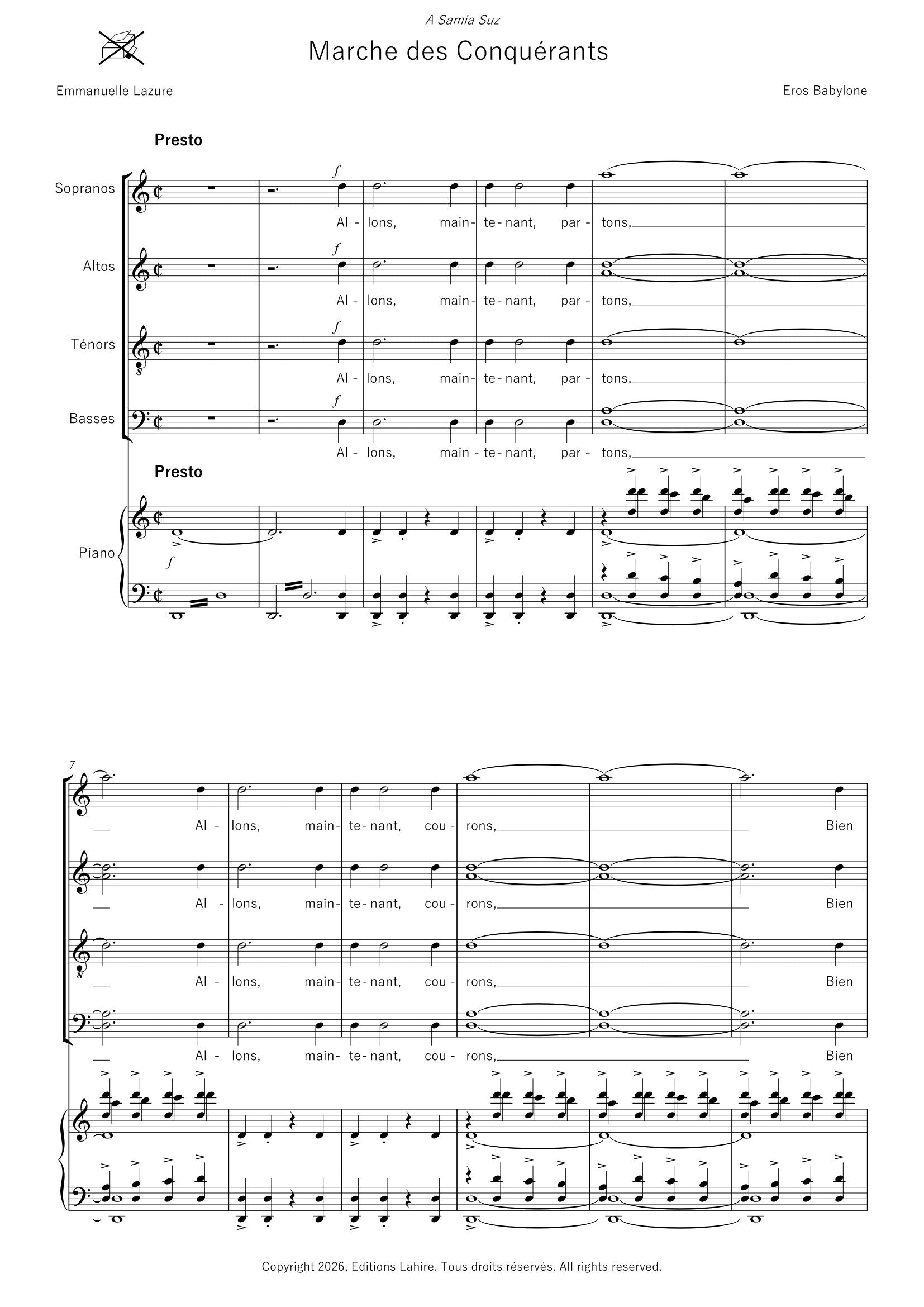 MARCHE DES CONQUERANTS - Pour Chœur mixte et piano, 16 pages, (IV+12) (v.f)